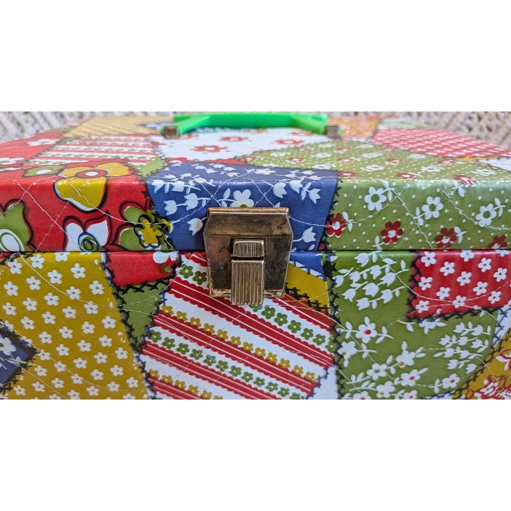 Vintage Quilted Patchwork Sewing Basket Floral Print Storage Box Green Handle